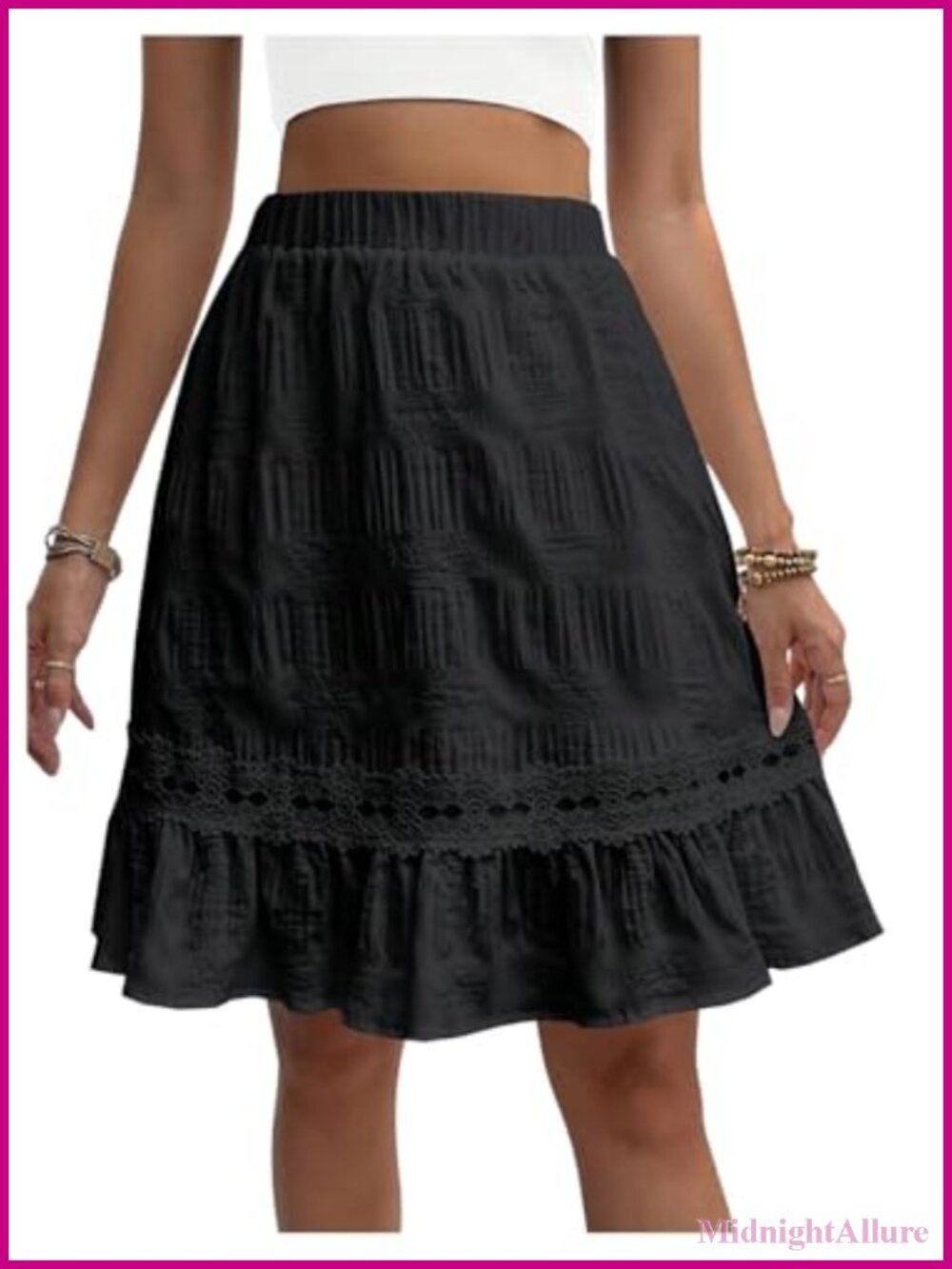 High Waist A-Line Skirt with Lace Trim Ruffle Hem Knee Length Summer Casual